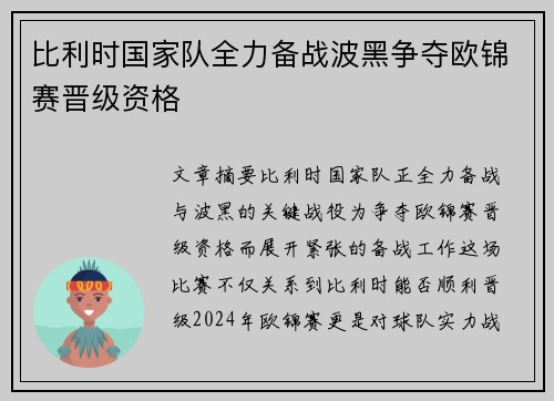 比利时国家队全力备战波黑争夺欧锦赛晋级资格